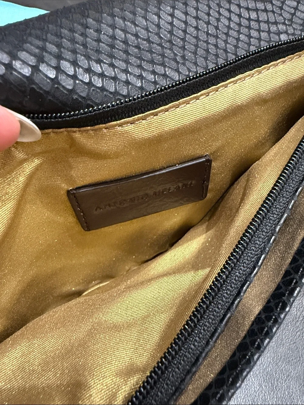 ANTONIO MELANI Black Snakeskin Embossed Faux Leather Clutch with Gold Chain